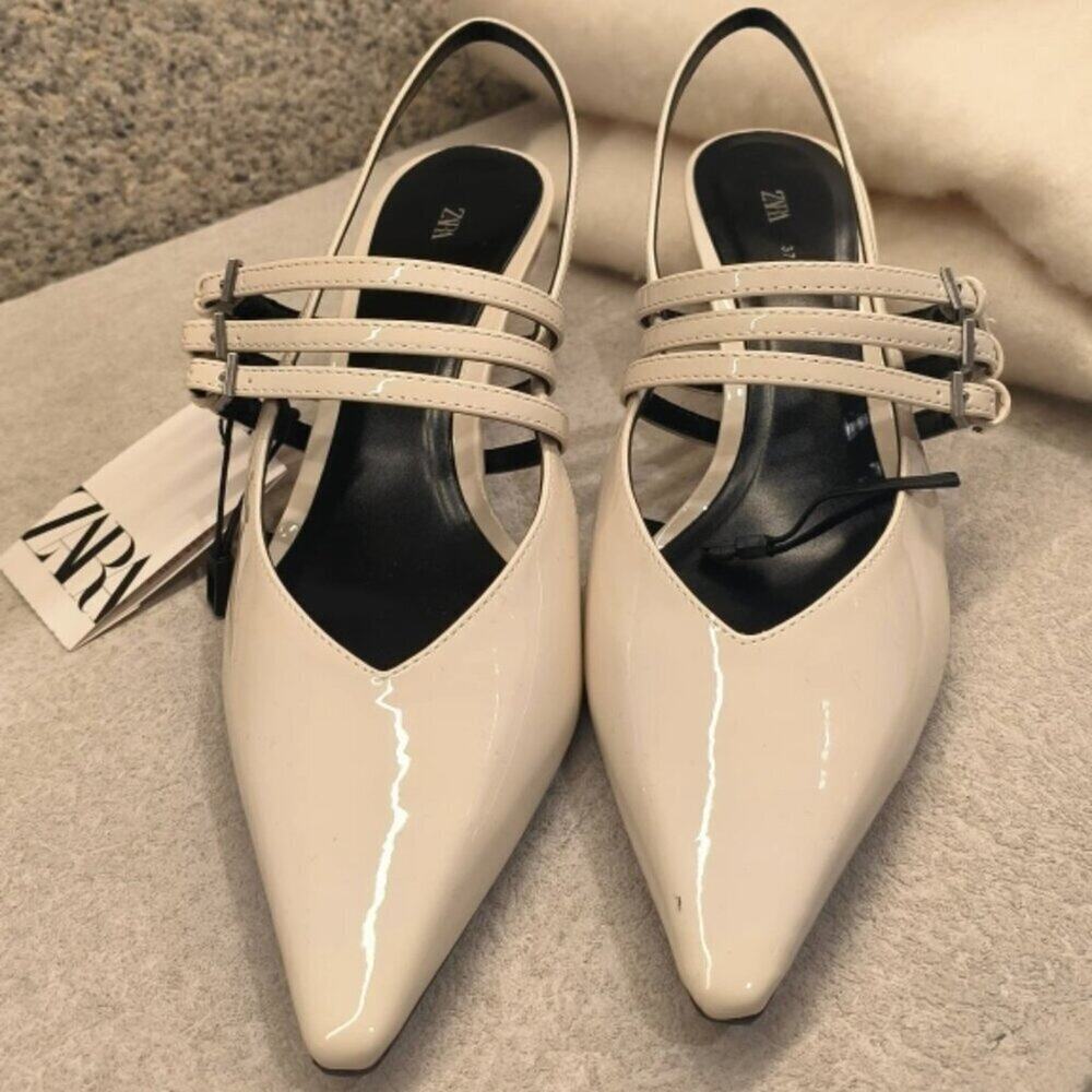 ZARA White Slingback Kitten Heels NWT Pointed Toe Buckle Strap Pumps Size 8 - Picture 16 of 16